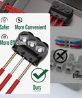 5 Pack 3 Port Insulated Multi Tap Wire Connectors Single Sided Entry For 2/0 To 6 AWG Dual Rated Copper And Aluminum Beast Mode Heavy Duty Black Vinyl Coated Electrical Splice Kit showcasing features and design.