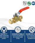 Push Fit Ball Valve Half Inch To Half Inch With Drain For Easy Solder Free Install, brass valve with red handle and drain port.