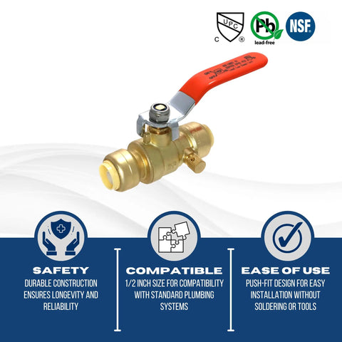 Push Fit Ball Valve Half Inch To Half Inch With Drain For Easy Solder Free Install, brass valve with red handle and drain port.