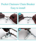 Close-up of using Pocket Chainsaw Chain Breaker Tool Kit for quick rivet removal with durable steel construction, showing steps.