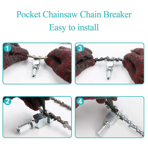 Close-up of using Pocket Chainsaw Chain Breaker Tool Kit for quick rivet removal with durable steel construction, showing steps.