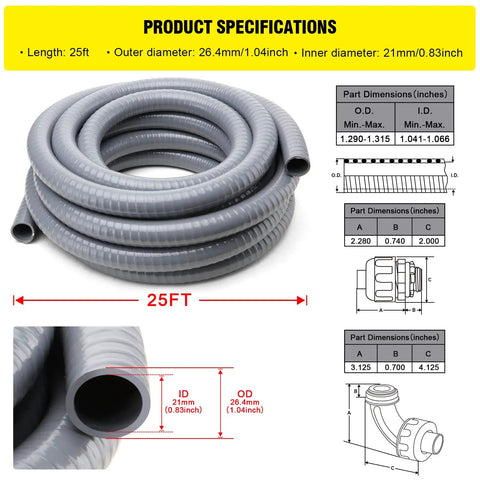 Image showing Liquid Tight Conduit And Connector Kit Three Quarter Inch Flexible Non Metallic Electrical Conduit 25 Ft with dimensions.