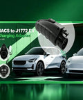 Nacs To J1772 Ev Charging Adapter 80A High Amps 250V IP 65 rated waterproof heavy duty connector beside white electric cars.