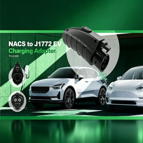 Nacs To J1772 Ev Charging Adapter 80A High Amps 250V IP 65 rated waterproof heavy duty connector beside white electric cars.