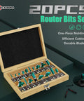 Open wooden case with 20 Piece One Quarter Inch Router Bits Set For Woodworking Go To Pro Grade Carbide Milling Cutter Pack Visible