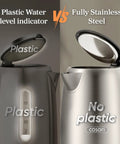 Comparison image showing traditional kettle with plastic parts versus Plastic Free Interior Electric Kettle With 304 Stainless Steel.