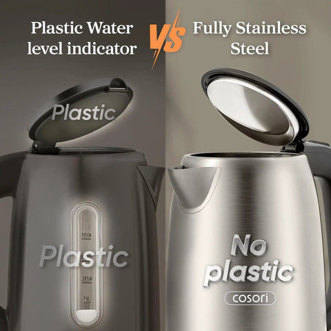 Comparison of a plastic kettle with water level indicator and an Electric Kettle With Plastic Free Interior And 304 Stainless Steel Build.