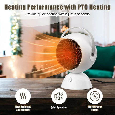 Two Pack Ceramic Space Heaters For Indoor Use 1200W Portable Electric Heaters With Overheat And Tip Over Protection Quiet Desk Heaters For Bedroom And Office Fast Heat In Seconds displaying heating performance on a desk.