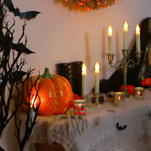 12 Pack Battery Operated Taper Candles With Remote, Warm White Flicker, flameless LED candles in Halloween decor with pumpkins