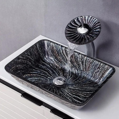 Killer 12Mm Thick Tempered Glass Vessel Sink For Countertop Vanity Basin With 360 Swivel Waterfall Faucet Hot Cold Mix Dead Easy Cleanup And Built Like A Tank For Modern Bathrooms Today, with water flowing from the faucet.