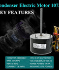 Condenser electric motor 10728 replacement; 1/4 HP, 1075 RPM, 208-230V, single-speed; fits Mars 10733 and similar brands