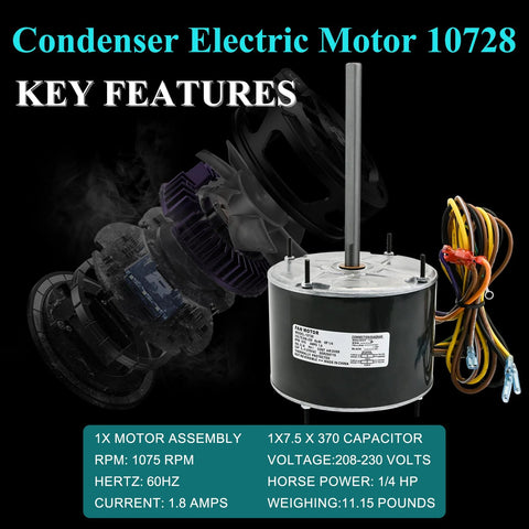 Condenser electric motor 10728 replacement; 1/4 HP, 1075 RPM, 208-230V, single-speed; fits Mars 10733 and similar brands