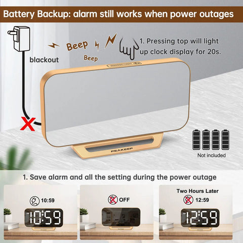 Battery Backup feature on Slim Digital Mirror Alarm Clock With Gold Finish Dope LED Display For Bedroom Desk Office Or Living Room