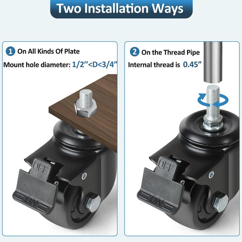Heavy Duty 3 Inch Swivel Caster Wheels With Half Inch Diameter, 13 TPI, 1 Inch Threaded Stem, Brake, Low Profile Design