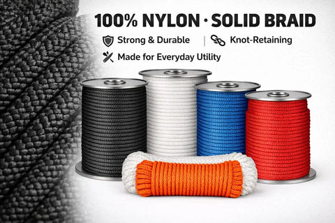 Heavy Duty Nylon Rope Solid Braid Utility Rope for Pulleys and Winches in multiple colors and spools with knot-retaining feature.