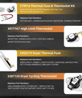Visual list of dryer parts: thermal fuse kit, high limit thermostat, thermal fuse, and cycling thermostat with part numbers.