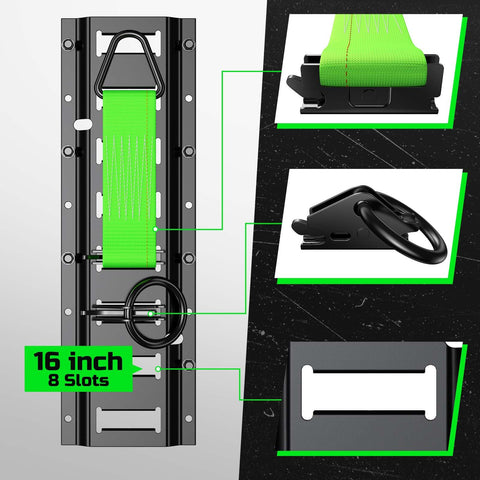 E Track Tie Down Rail Kit 4 Pack 16 Inch Rails With 12 Ft Ratchet Straps O Rings Tie Offs Storage Bag For Trailers Vans Trucks And Garages Heavy Duty Cargo Securement featuring close-up details of green strap and black rail.