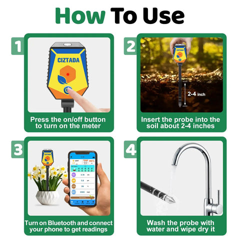 Steps for using 8 In 1 Smart Soil Meter For Moisture PH Light Humidity Fertility EC Salinity And Temperature With Handy App Monitor