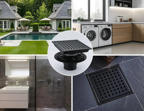 Sleek Six Inch Square Shower Drain Kit In Matte Black 304 Stainless Steel With A Snag Free Hair Catcher, displayed in modern settings.