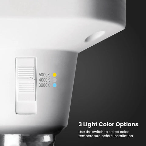 Close-up of LED Garage Light With Multiple Adjustable Panels, E26 Base, showing 3 light color options switch: 3000K, 4000K, 5000K.