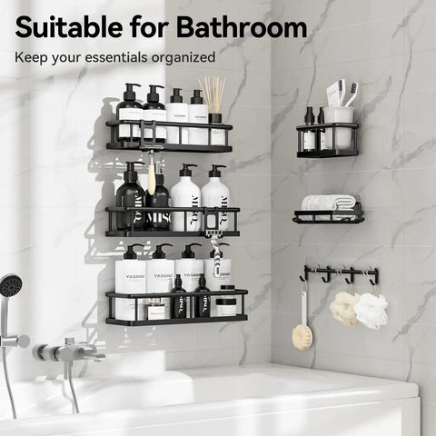 Adhesive Shower Caddy Kit Rustproof Bathroom Organizer With Soap Holder No Drill Heavy Duty Hanging Shelves Inside Shower Space Zero Fuss Setup Rock Solid Storage Rack Six Piece Black