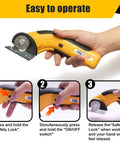 Heavy Duty Cordless Electric Scissors For Cardboard Box Cutter With Safety Lock And Rechargeable Battery being operated with safety lock.