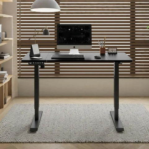 Rock Solid 55 Inch Electric Standing Desk With Double Beam Frame For Home Office Or Gaming Setup with sleek black finish.