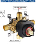 Heavy-duty brass valve shows the shower head connector and water flow adjustment for Matte Black High Pressure Shower System With Six Setting Rain Shower Head And Handheld Combo Including Pressure Balance Valve And Trim Kit For Steady Temperature Control And Awesome Bath Time Vibes.