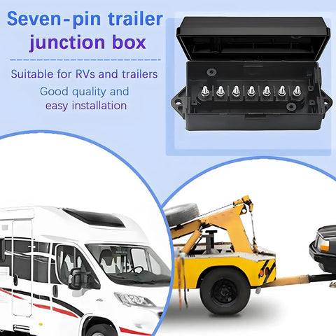 Top Shelf 7 Pin Trailer Junction Box Featuring Plug And Play Wiring With Road Ready Weatherproof Housing For Motorhome Camping Lighting Systems and Heavy Duty Automotive Fixes, black housing and 7 connectors.
