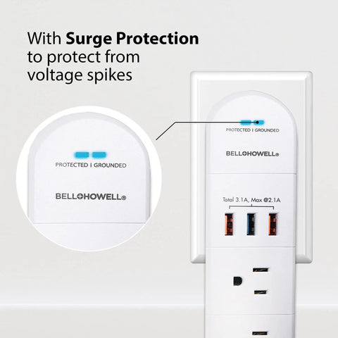 Swivel Power Charging Station With Surge Protection, No-Fuss Nine-Device Charging Hub Featuring Six 3-Prong Outlets And Three USB Ports