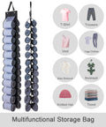 Hanging Closet Organizer Set With 26 Independent Compartments For Leggings, Yoga Pants, Towels And Swimwear - 2 Pack T Shirt Organizer, Must-Have Space Saving Door Or Wall Mount, Black showing rolled clothes in compartments