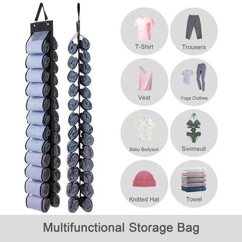 Hanging Closet Organizer Set With 26 Independent Compartments For Leggings, Yoga Pants, Towels And Swimwear - 2 Pack T Shirt Organizer, Must-Have Space Saving Door Or Wall Mount, Black showing rolled clothes in compartments
