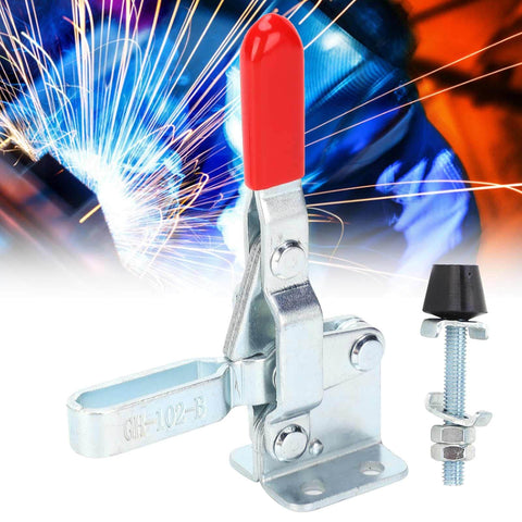 GH 102 B welding toggle clamp with red handle for woodworking jigs, featuring quick release latch, heavy-duty cast iron, alloy steel.