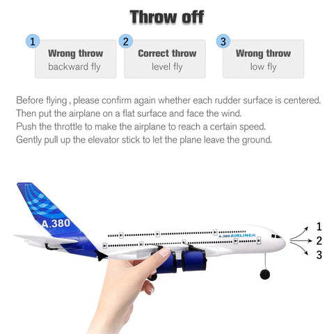 Hand demonstrating how to launch a Beginner Friendly 3 Channel RC Airplane With 2.4G Remote Control Easy to Fly EPP Foam Fixed Wing Glider Aircraft.