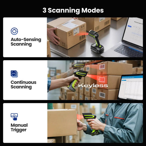 Rugged Industrial Wireless Barcode Scanner 3 In 1 Waterproof Bluetooth With Charging Dock And Battery Indicator Hands Free 1D 2D QR Code Reader For Computer Laptop Mac Android iPhone showing three scanning modes: auto-sensing, continuous, and manual trigger.