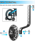 Quiet Heavy Duty Training Wheels For Kids Bikes Stabilizer Kit Ride Ready Adjustable Metal And Rubber Fits 12 To 20 Inch Single Speed Bicycles Includes Bell And Reflective Sticker For Safety Noiseless Easy Install showing installation parts and process