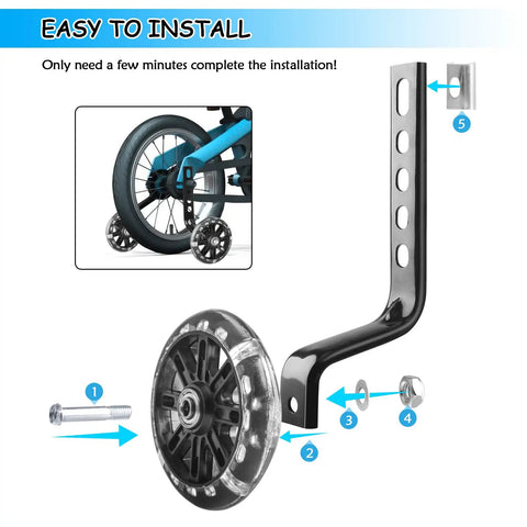 Quiet Heavy Duty Training Wheels For Kids Bikes Stabilizer Kit Ride Ready Adjustable Metal And Rubber Fits 12 To 20 Inch Single Speed Bicycles Includes Bell And Reflective Sticker For Safety Noiseless Easy Install showing installation parts and process