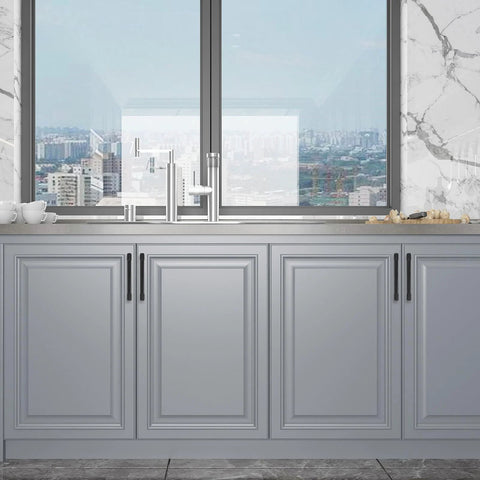 Modern kitchen with cabinets featuring 10 Pack Five Inch Matte Black Cabinet Handles Knurled Drawer Pulls for a sleek upgrade