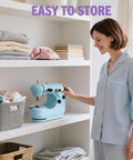 Get Your Threads Sorted Quick Super Portable Sewing Machine For Beginners near neatly folded laundry on a shelf.