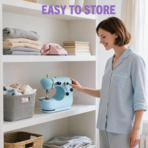 Get Your Threads Sorted Quick Super Portable Sewing Machine For Beginners near neatly folded laundry on a shelf.