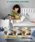 Woman using 5X And 10X Magnifying Lamp With Stand Clamp Lighted Magnifier For Close Work; adjustable LED lighting shown in three colors.