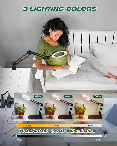 Woman using 5X And 10X Magnifying Lamp With Stand Clamp Lighted Magnifier For Close Work; adjustable LED lighting shown in three colors.