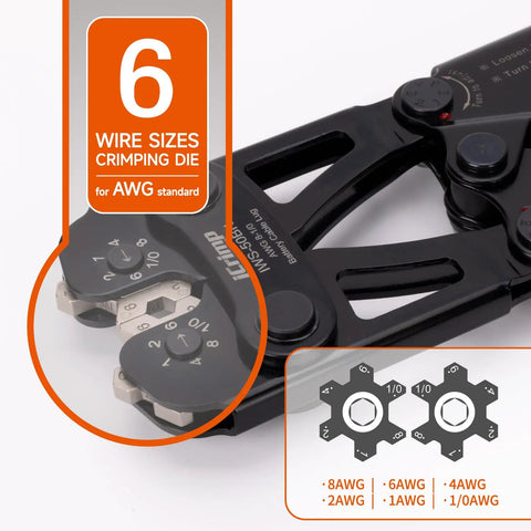 Heavy Duty Battery Cable Lug Crimping Tool For AWG 8 To 1/0 Copper And Aluminum Lugs, One Hand Adjustable Wheel, Non Welding Electrical Connection, Durable, Workhorse Quality, Easy To Use, Great For Auto And Marine Applications. 6 wire sizes die for AWG 8 to 1/0