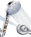 Detachable High Pressure Handheld Shower Head With 15 Stage Filtration System Including KDF Activated Carbon Vitamin C Alkaline Balls 1.8 GPM Flow On Off Pause Switch For Hard Water Chlorine Removal CUPC And CEC Certified showing water flow