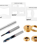 Bow Tie Inlay Kit With Acrylic Templates Brass Guide Bushing And Carbide Spiral Router Bits For Woodworking Seven In One Acrylic Router Inlay Kit For Crack Repair And Decorative Accents showing butterfly templates, router bits, and brass bushings.
