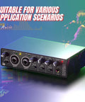 Two Channel USB Audio Interface For PC Mac And Laptop, 24Bit 192kHz Recording displayed with musician and soundwave graphics.