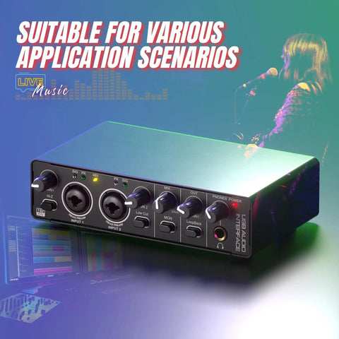 Two Channel USB Audio Interface For PC Mac And Laptop, 24Bit 192kHz Recording displayed with musician and soundwave graphics.