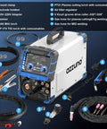 All In One Plasma Cutter And Multiprocess Welder 160A Workhorse for Home Shop showing components and accessories in light gray.