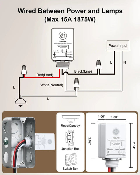 Diagram showing wiring setup for Wireless Light Switch Kit With RF Remote, Plug And Play Decorator Rocker Wall Switch, 15A High Power.