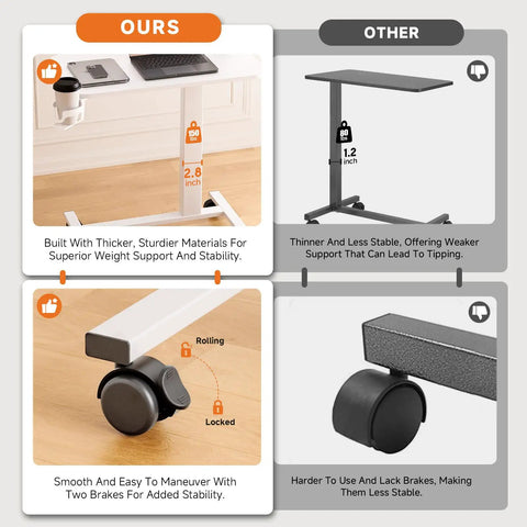 Comparison of Adjustable Pneumatic Standing Desk On Wheels With Lockable Casters Mobile Laptop Desk Overbed Bedside Table for stability